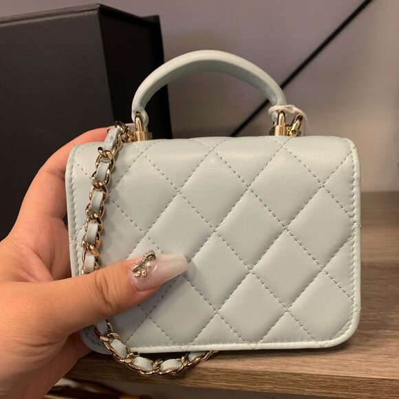 81957 Chanel Light Blue Leather Top Handle Flap Coin Purse with Chain - Picture 3 of 8